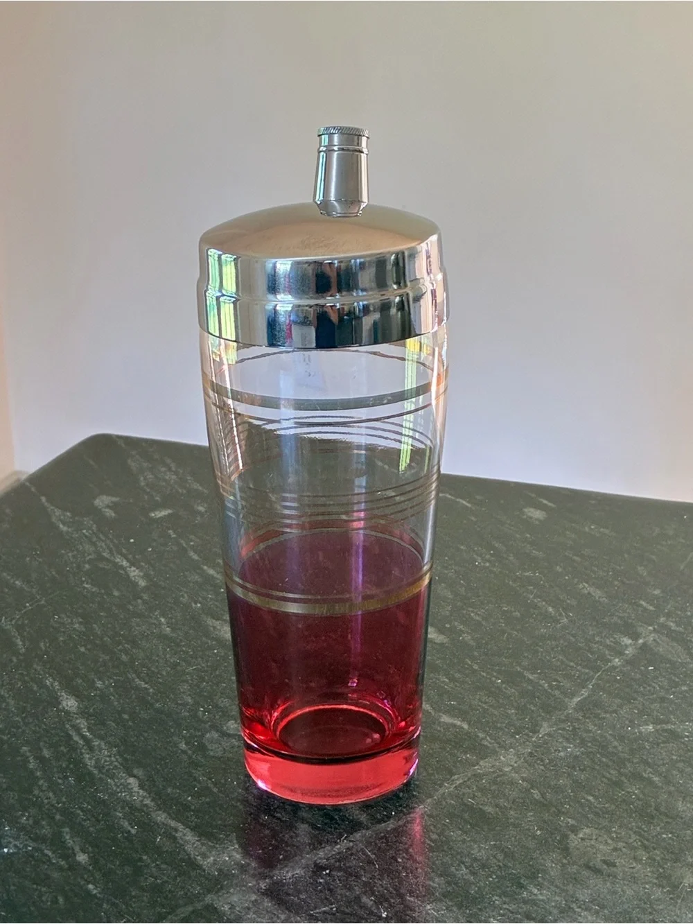 Vintage 1930s Art Deco Glass Cocktail Shaker Derby Shelton Silver Co Ruby Red